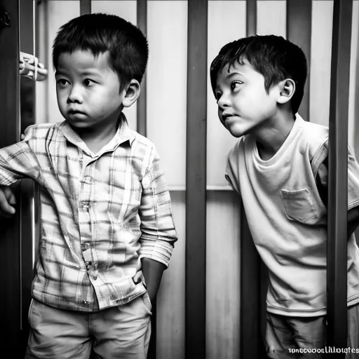 Prompt: One boy looks at another boy. Both are standing near a baby gate at the toilet area.
