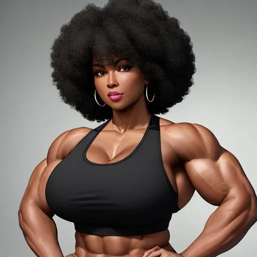 Prompt: {{curly black hair, dark skin}}
{{woman, enormous muscles, giant muscles, muscular woman, hulking, flexing, biceps, full body}}
{{tank top, pleated skirt}}
perfect face, perfect body, photorealistic, hyperrealistic, photograph, 22mm lens, 4k, hard lighting