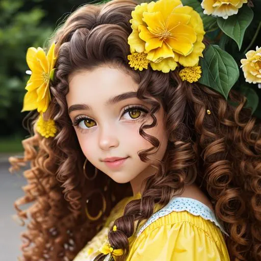 Prompt: A girl with  long curly hair wearing yellow, flower in her hair