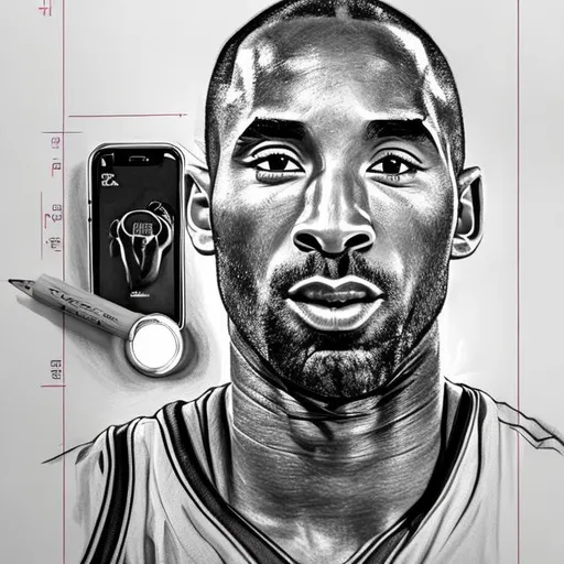 Prompt: UHD Pencil sketch of Kobe Bryant, ring light, indoor, front point of view, white background, movie poster, telephoto