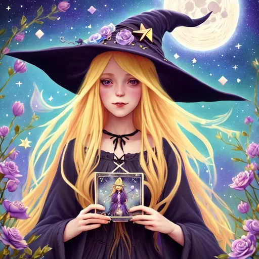 Prompt: witch with long blonde hair, using tarot cards, wearing witch hat, cute, flowers, aesthetic, pastel, fairycore, disney, pixar, moon, stars, witchcraft, in a starry pastel sky,  garden, sweet, dreamy, award winning illustration, artstation, highres