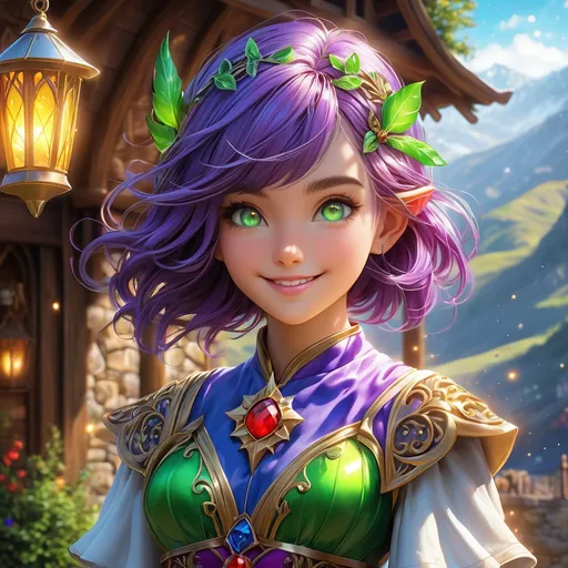 Prompt: Full body, oil painting, D&D fantasy, tanned-skinned-gnome girl, tanned-skinned-female, ((tiny short petite body)), ((beautiful detailed face and glowing anime green eyes)), very cute, smiling, short bright purple hair, long pixie cut, pointed ears, looking at the viewer, Wizard wearing intricate red and blue wizard dress, intricate hyper detailed hair, intricate hyper detailed eyelashes, intricate hyper detailed shining pupils #3238, UHD, hd , 8k eyes, detailed face, big anime dreamy eyes, 8k eyes, intricate details, insanely detailed, masterpiece, cinematic lighting, 8k, complementary colors, golden ratio, octane render, volumetric lighting, unreal 5, artwork, concept art, cover, top model, light on hair colorful glamourous hyperdetailed medieval tavern background, intricate hyperdetailed breathtaking colorful glamorous scenic view landscape, ultra-fine details, hyper-focused, deep colors, dramatic lighting, ambient lighting god rays | by sakimi chan, artgerm, wlop, pixiv, tumblr, instagram, deviantart