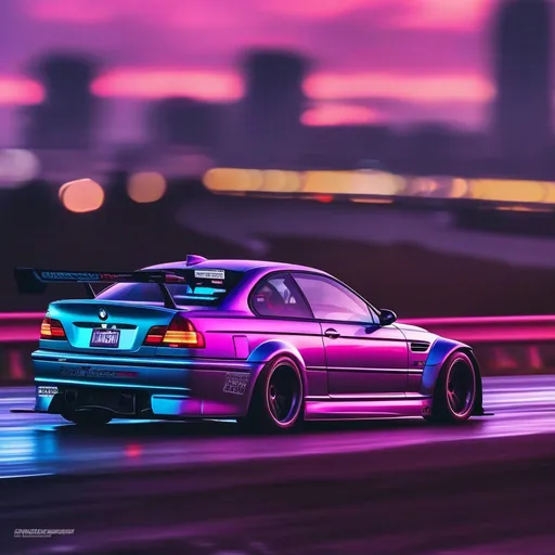 Prompt: 2001 BMW M3 E46 GTR, synthwave, aesthetic cyberpunk, miami, highway, dusk, neon lights, coastal highway, dusk, neon lights, coastal highway, sunset, drift, nurburgring, water on the road, blade runner, 8k, watercolor, macro sharp focus