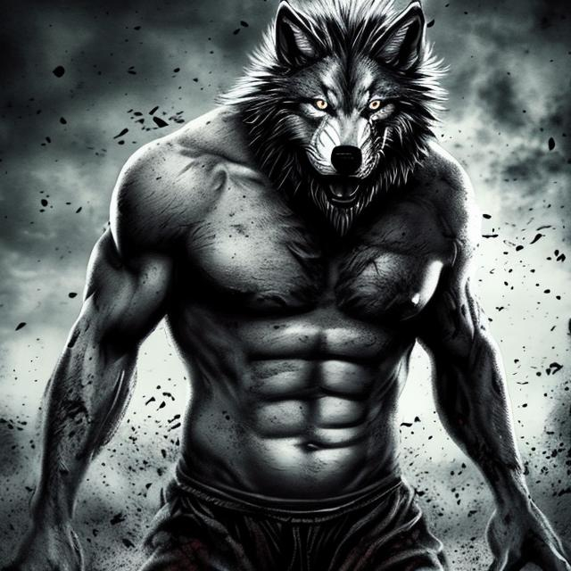 man half man and half beast wolf dark hell background