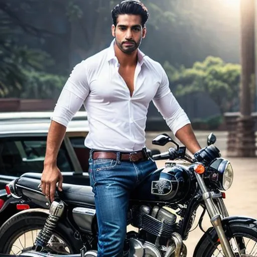 Prompt: scene of full body hyperreal  "sensual" delhi hunk with "beautiful handsome face", jeans, "shawl shirt", "motor bike", "very sweaty" "hairy pecs", "feet", arena, perfect composition, hyperrealistic, super detailed, 8k, high quality, trending art, trending on artstation, sharp focus, studio photo, intricate details, highly detailed, by greg rutkowski