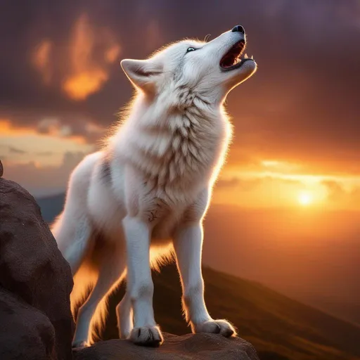 Prompt: beautiful white wolf pup howling, standing on cliffside, sunrise, UHD, full body focus, professional, vibrant, wild billowing fur, big 8k {silver eyes}, thick fluffy {rose-gold mane}, vivid colors, rich colors, majestic colors, majestic golden sky, realistic fur, highly detailed, intricate detail, Anne Stokes, Yuino Chiri, detailed oil painting, masterpiece, unreal engine, artstation, 8k HD