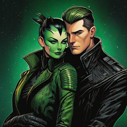 Prompt: A caucasian adult man, scifi pilot cyborg. with extremely short slicked back brown pompadour undercut hair with trimmed whiskers, futiristic fully dark entirely jet black leather jacket. well drawn face. green feline eyes, he is hugging A green caucasian green skinned scifi green female woman with green skin. with short black hair. mandalorian uniform. she has green skin. well drawn green face. detailed. green character, green race, detailed. star wars art. 2d art. 2d, completely matte,