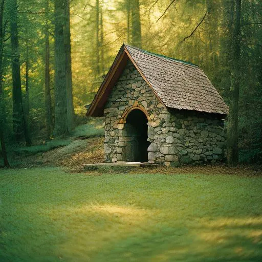 Prompt: A small hut hidden in the middle of a forest with a stone wall in a fantasy style