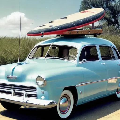 Prompt: 1950s car with surfboard on roof