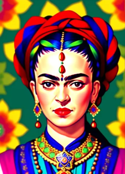 Prompt: Frida kahlo face in A Persian miniature scene , Persian patterns around her 
Islamic art around her . art by DAVvinche, master pease , award winning, 4k,8k 