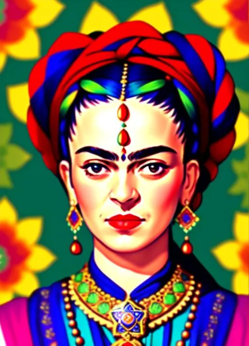 Frida kahlo face in A Persian miniature scene , Pers...