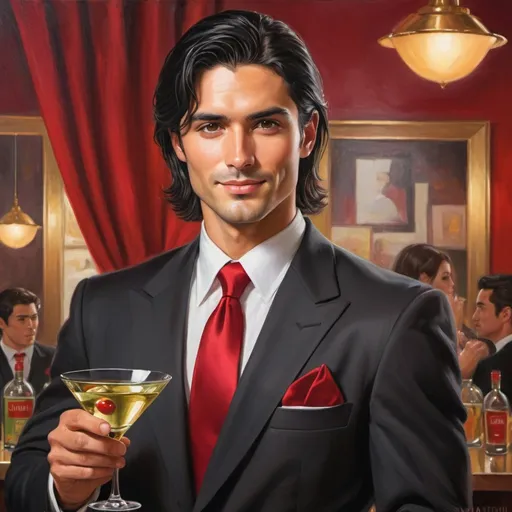 Prompt: one person, romance novel cover art, oil painting, professional work, dynamic lighting, from waist up

appearance: man, olive skin, Italian, shoulder-length black hair, suit, red tie, brown eyes, suave

emotion: soft smile

pose: toasts martini

background: solid red and gold

camera angle: hip level shot