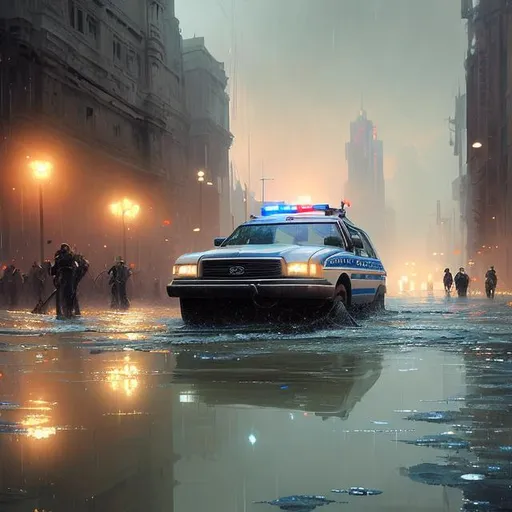 Prompt: "a police car driving through shallow water, flooded city, raining, people walking through shallow water, muted colors, hyperrealistic, oil painting, intricate, cgsociety, artstation, 8 k, cinematic, soft lighting, by greg rutkowski, by wlop, by artgerm"