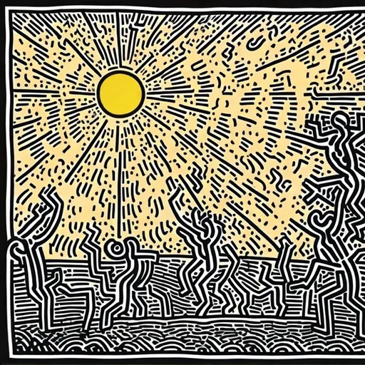 Prompt: Keith Haring style vector photo of God and Jesus Christ glowing appearing above Joseph Smith, bright colors, minimalist art, in a forest