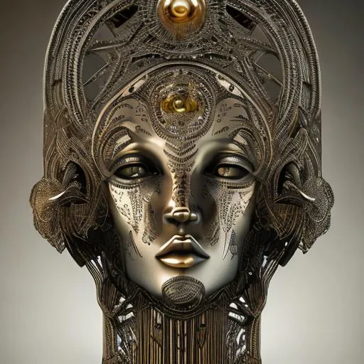 Prompt: Ornate Art Deco head, head opening, metal, detailed, opening to a light universe, Studio lighting, award-winning CGI, digital