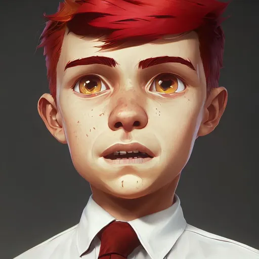a young boy in white shirt, red tie, hair is yellow,... | OpenArt