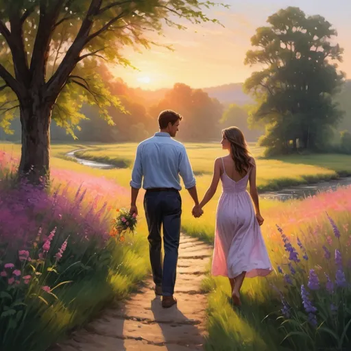 Prompt: In a picturesque countryside setting, a couple walks hand in hand along a winding path that leads through fields of wildflowers and tall grass. The sun is setting on the horizon, casting a warm, golden glow over the landscape.

The man carries a small bouquet of flowers, symbolizing his love and affection for the woman beside him. Her eyes sparkle with happiness and contentment as she gazes up at him, feeling cherished and cared for.

As they walk, their footprints leave a trail in the soft earth, marking their journey together. Each step they take is a testament to their commitment and the love they carry for each other.

In the background, a rustic wooden bridge spans a gentle stream, adding to the romantic and idyllic atmosphere. Birds sing in the trees, and a gentle breeze rustles the leaves, adding to the tranquility of the scene.

Above them, the sky is a canvas of vibrant colors, with hues of pink, orange, and purple blending together in a beautiful sunset. The setting sun casts long shadows and creates a soft, romantic light that envelops the couple.

Overall, the scene captures the essence of "Carrying Your Love With Me," celebrating the enduring nature of love and the joy of sharing life's journey with someone special. It's a visual representation of love's ability to uplift, support, and bring joy to our lives.






