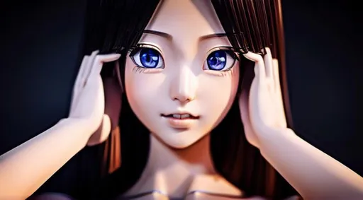 Prompt: Close-up portrait of beautiful Asian girl anime-like, hyper Realistic, insane fidelity, realistic skin colour, realistic hands, realistic hair, luscious anime eyes, realistic and symmetrical face, lovely smiling anime lips, realostic neck, realistic nose, hyper realistic details, 3d, 4d, hdr, ultra hd 8k, cinematic lighting, depth colouring, unreal engine, dreamy, artificial intelligence, CFG17