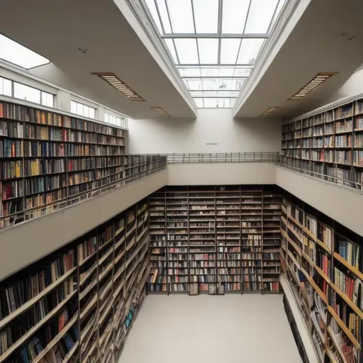 Prompt: a large multi story library filled with books and with brutalist architecture and lots of skylights