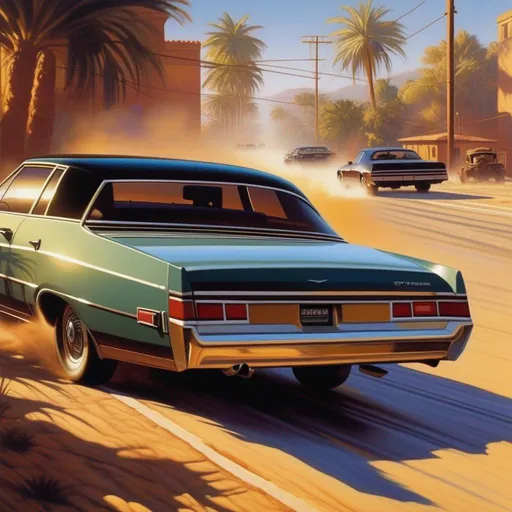 Prompt: Driver 2, PS1 graphics, car chase, sunny atmosphere, extremely detailed painting by Greg Rutkowski and by Henry Justice Ford and by Steve Henderson