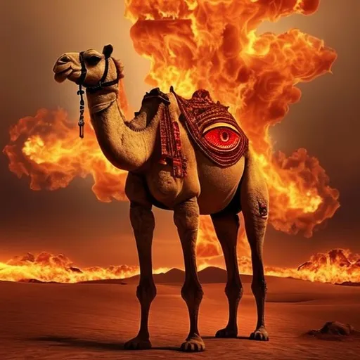 Prompt: camel  with fiery eyes with a gun
