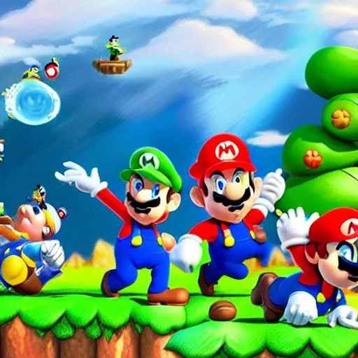 Prompt: A Family mario bros all character, beckgrund masrom home,anime 3D,ilustrator painting oil water,watercolor ,cenon camera px 20 Hd, full resolusion 9 x 6, 