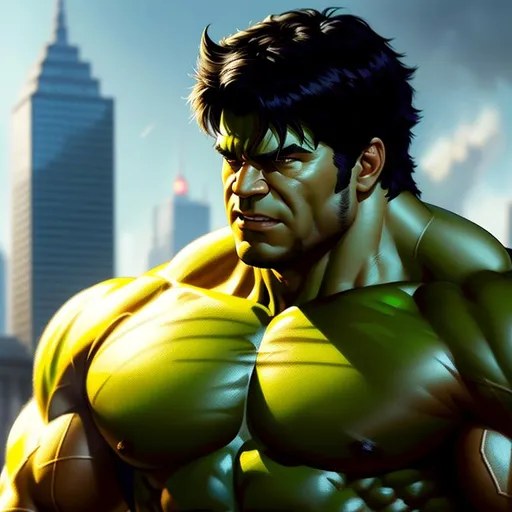 Prompt: Portrait of The Incredible Hulk with black hair and with cute face, detsroyed city, perfect composition, hyperrealistic, super detailed, 8k, high quality, trending art, trending on artstation, sharp focus, studio photo, intricate details, highly detailed, by greg rutkowski
