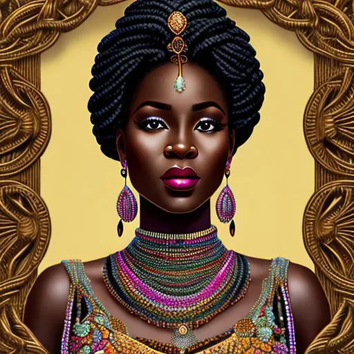 Prompt: Intricately detailed front facing full body picture, beautiful black skinned African Nigerian women with intricately braided hair standing, fantasy art 4K, digital painting, digital illustration, extreme detail, digital art, ultra hd, vintage photography, beautiful, tumblr aesthetic, retro vintage style, hd photography, hyperrealism, extreme long shot, telephoto lens, motion blur, wide angle lens, deep depth of field, warm, anime Character Portrait, Symmetrical, Soft Lighting, Reflective Eyes, Pixar Render, Unreal Engine Cinematic Smooth, Intricate Detail, anime Character Design, Unreal Engine, Beautiful, Tumblr Aesthetic