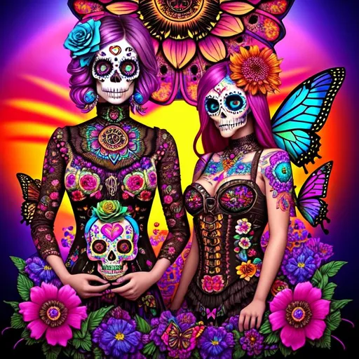 Prompt: psychedelic, twisted, cinematic, 3D, HD, {Sugarskull}Hippie, flowers, butterflies, psychedelic {bird }Sunset} background, uber detailed, 64k, high quality, sharp focus, studio photo, intricate details, highly detailed --s98500