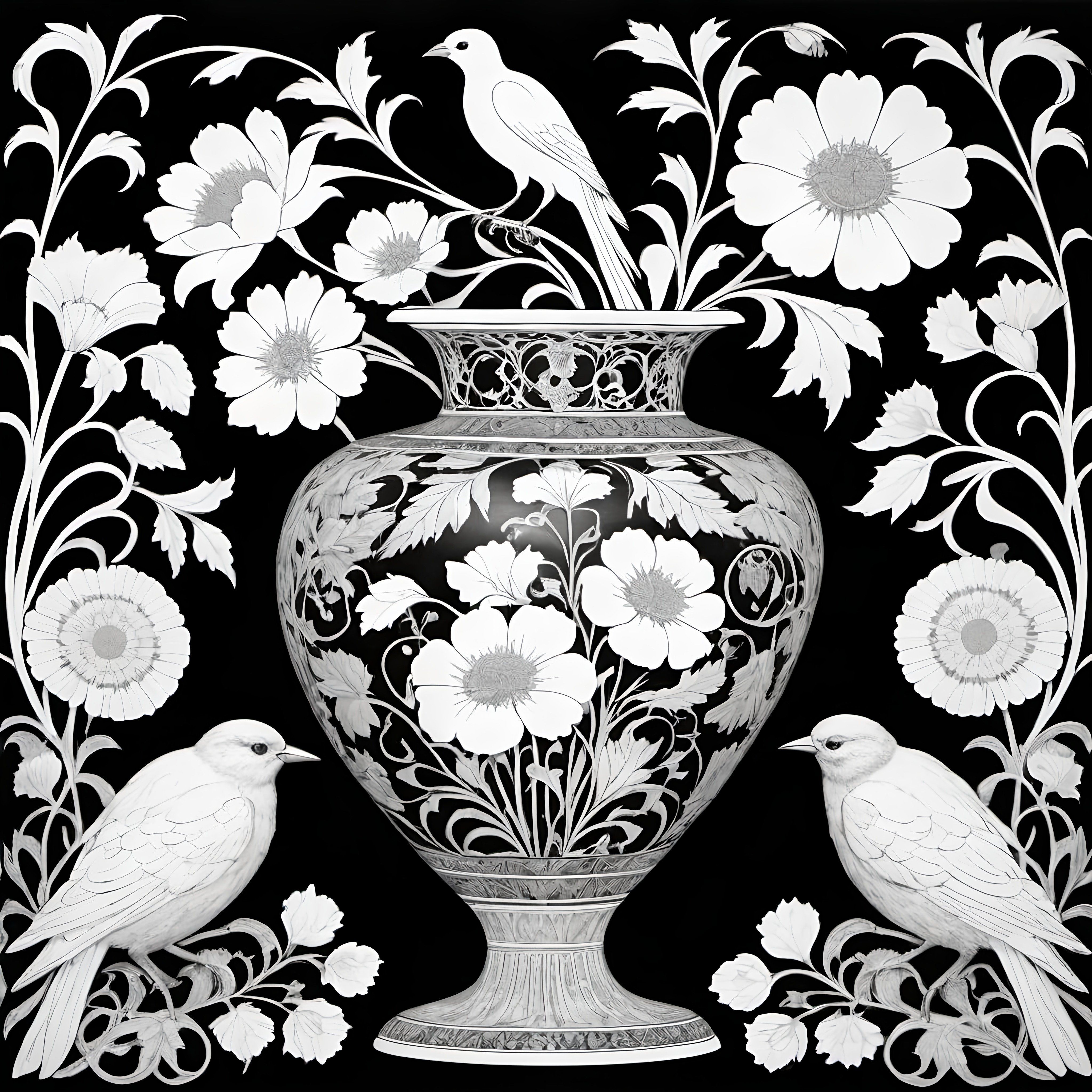 Prompt: a vase with two birds and flowers in the background, gothic art, art nouveau fashion embroidered, a silk screen