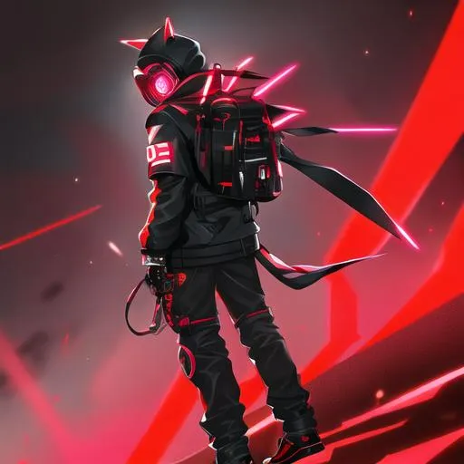 Prompt: Male character, black but red neon gas mask, cyber netrunner hood (black but neon red), neon red Sword In its Back, Red Mecha Cyber Jacket, black jeans, red shoes