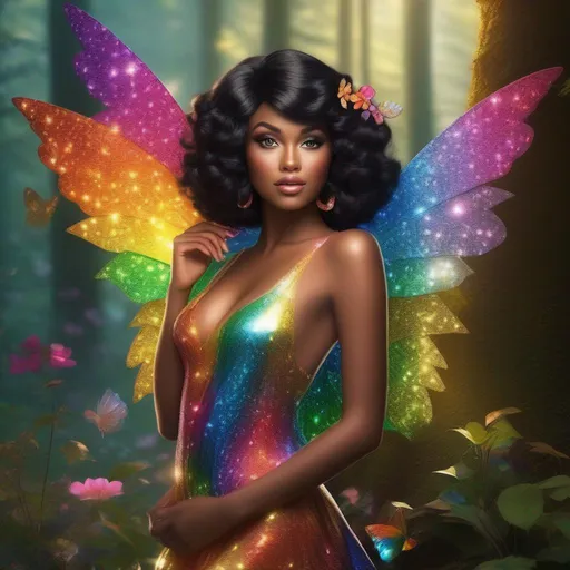 Prompt: 3d art pin-up girl skin black  hair brown skin standing rainbow glitter Forest me as an fairy