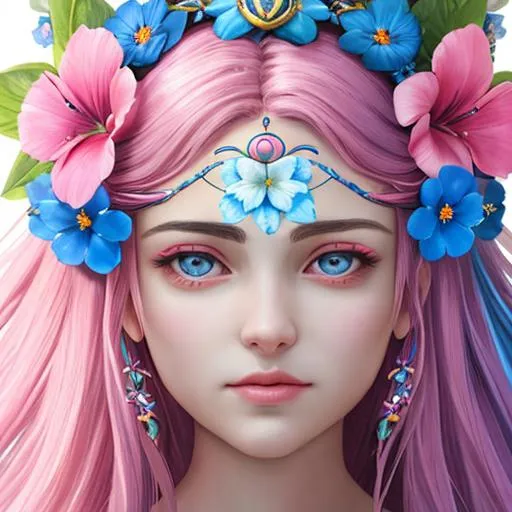Prompt: faity goddess of summer,pink and blue flowers in her hair,
facial closeup