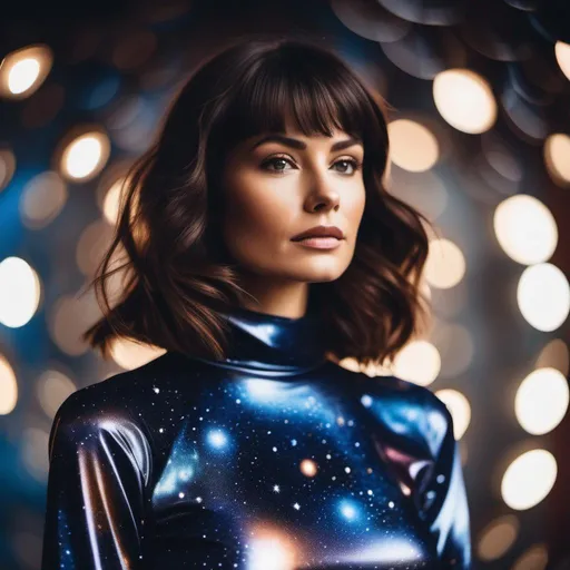 Prompt: a woman wearing outer space as a dress, brunette hair