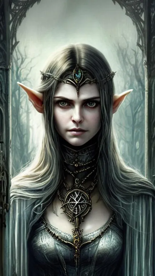 Prompt: necklace, elf queen, beautiful face, piercing eyes, amulet, "Luis Royo", vampire, oil painting, dress, very big eyes, high quality, beautiful, female wizard queen, sultry,  clear visible face,  dark fantasy, Phoebe Tonkin, Alexandra Daddario, Ariana Grande, Natalie Portman, Nicole Kidman, galla dress, victorian
