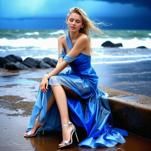 Prompt: photo of young woman, in soaking wet clothes, wet silver high heel sandals, rain storm, blue ballgown,  , sitting by the sea,   enjoying, wet clothes stuck to body,  detailed textures of the wet clothes, wet face, wet plastered hair,  wet, drenched, professional, high-quality details, full body view , blonde