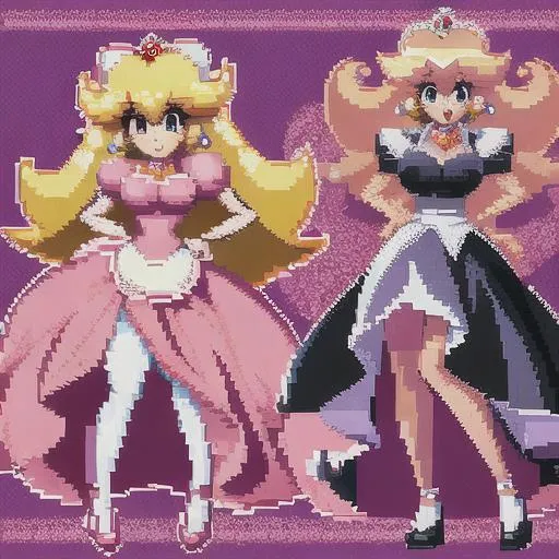 Prompt: princess peach , pixel art , maid outfit , full body