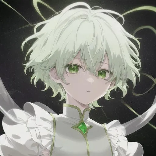 Prompt: Gem anime boy, cute. White hair. Light green gems orbit him. Defined. light green theme