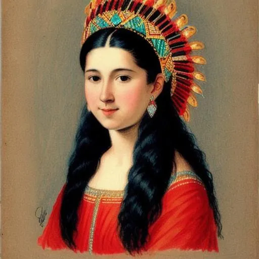 Prompt: A drawing of a young woman in a headdress