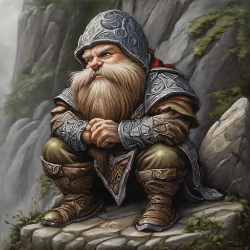 Prompt: painting of a dwarf sitting on a stone in the style of Anne Stokes