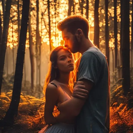 Prompt: forest,man with a girl ,sexy ,romantic,sunset 4k--v