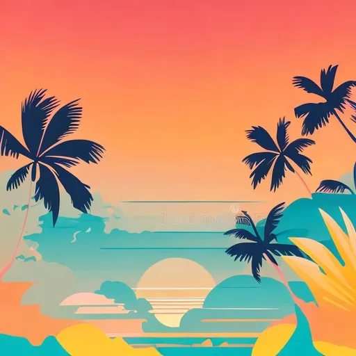 Prompt: Tropical sunset with palms and gradient sun in 80s style. banners, posters, Vector illustration