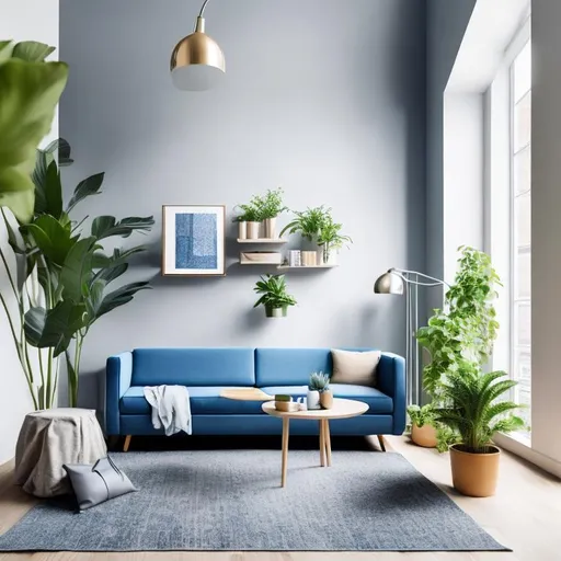 Prompt:  photography studio for commercials for magazine ads with wall and floor modern sofa couch grey, floor; and blue wall, some one mini plant, light of sun, some mini table, maybe an modern armchair. warm atmosphere