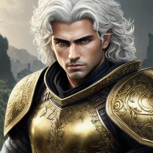 Prompt: Realistic oil painting of adult fantasy male warrior with gold eyes, olive skin, curly white hair, clean shaven,  wearing dark armor, hypermasculine, 8k, sharp focus, studio photo, intricate details, highly detailed