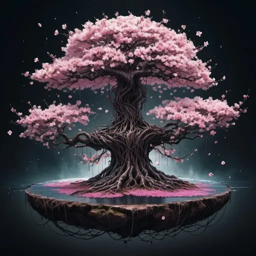 Prompt: Anime cyberpunk style Japanese cherry blossom on a floating island with roots coming out from underneath while floating in an infinite void highly detailed, HD, dark background