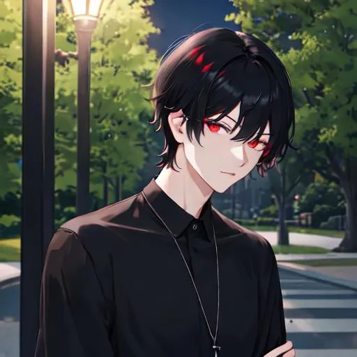 Prompt: Damien (male, short black hair, red eyes) in the park at night, casual outfit, dark out, nighttime, midnight, 8k resolution, ultra detailed, high resolution, dark out, pitch black
