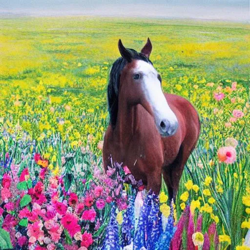 Prompt: horse in a field of flowers
