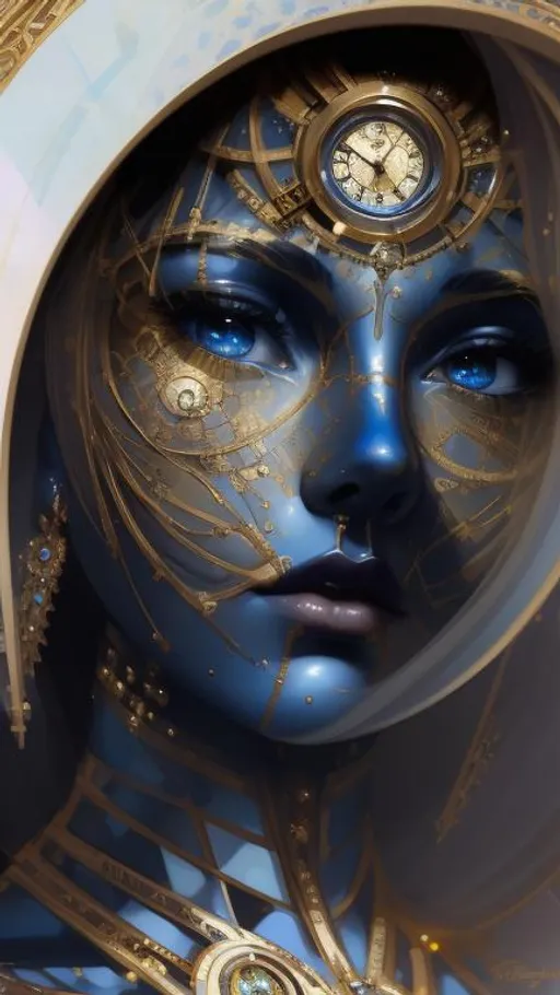 Prompt: the time goddess. She controls the time. stunning face. she is made of clock internal pieces.  Intricate metallic details. beautiful background. gerhartz, artgerm, rutkowski, van Gogh style 