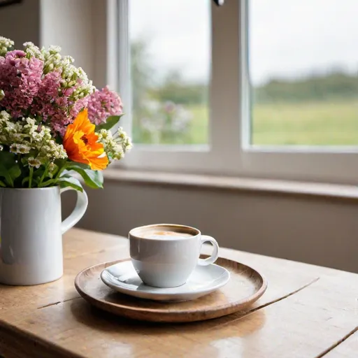 Prompt: bedeck table view with coffee mug and flowers