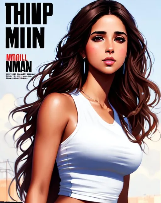 Prompt: hip hop magazine cover - full body
Naomi Scott, 26 years old, brown hair, happy, parted bangs, brown eyes, ethereal, urban clothing, wild hair, royal vibe, highly detailed, digital painting, Trending on artstation , HD quality, tan skin, Big Eyes,artgerm, by Ilya Kuvshinov